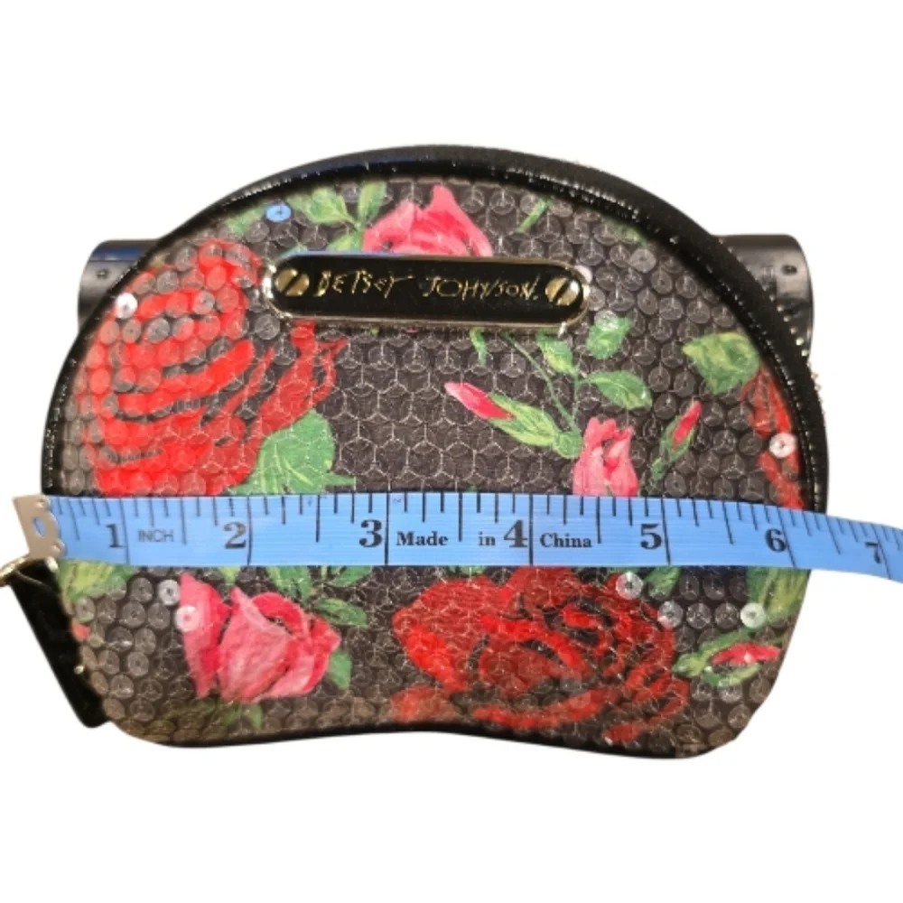 Betsey Johnson Sequined Rose Cosmetic Bag Set of 2 Black Floral Zip Closures